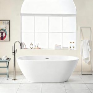 67" Acrylic Freestanding Bathtub, Elegant Oval Shape Soaking Bathtub, Glossy White, Chrome Overflow & Pop-Up Drain
