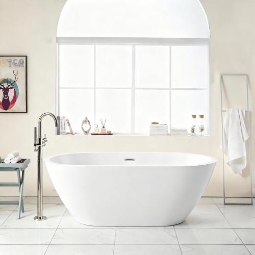67" Acrylic Freestanding Bathtub, Elegant Oval Shape Soaking Bathtub, Glossy White, Chrome Overflow & Pop-Up Drain
