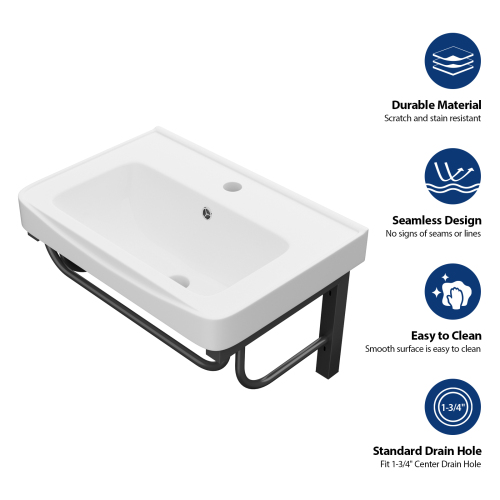 19.88"x14.25" Wall-Mounted Rectangular Ceramic Bathroom Sink with Black Towel Bar & Overflow - Image 4