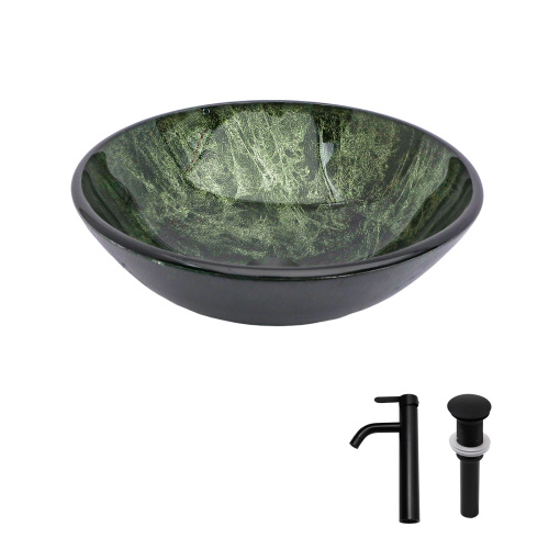 Bathroom Artistic Tempered Glass Vessel Bathroom Sink with Black Faucet and Pop-up Drain, Elegant Green Glass Bathroom Sink with Natural Marble Texture - Image 7