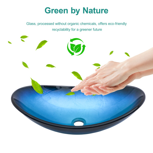 Bathroom Artistic Tempered Glass Blue Vessel Bathroom Sink Pop-up Drain, Blue Boat Shape Bathroom Sink Above Counter (no Faucet) - Image 4