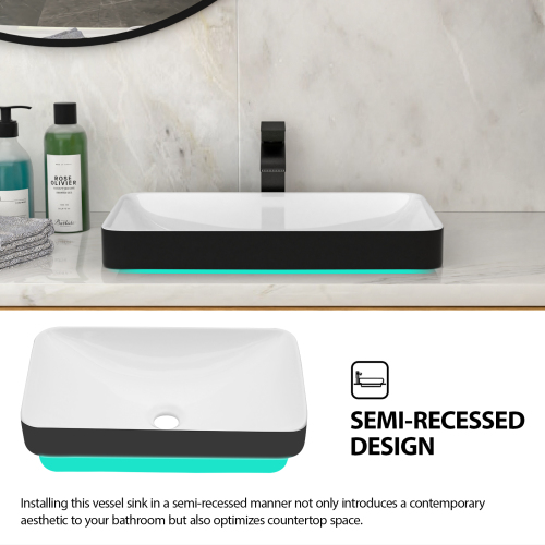 19"x12" White & Black Semi-Recessed Ceramic Bathroom Sink - Countertop Vessel Design - Image 4
