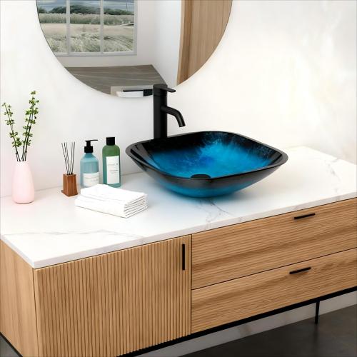 Bathroom Artistic Tempered Glass Vessel Bathroom Sink with Faucet and Pop-up Drain, Blue - Image 4
