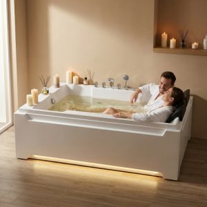 Whirlpool Tub,73" X 48" Jetted Bathtub For 2 Person, Hydro Massage & Chromatherapy,Ul Certified,Upc Certified,3 Sided Apron,Acrylic ,110 Gallons,Left Drain