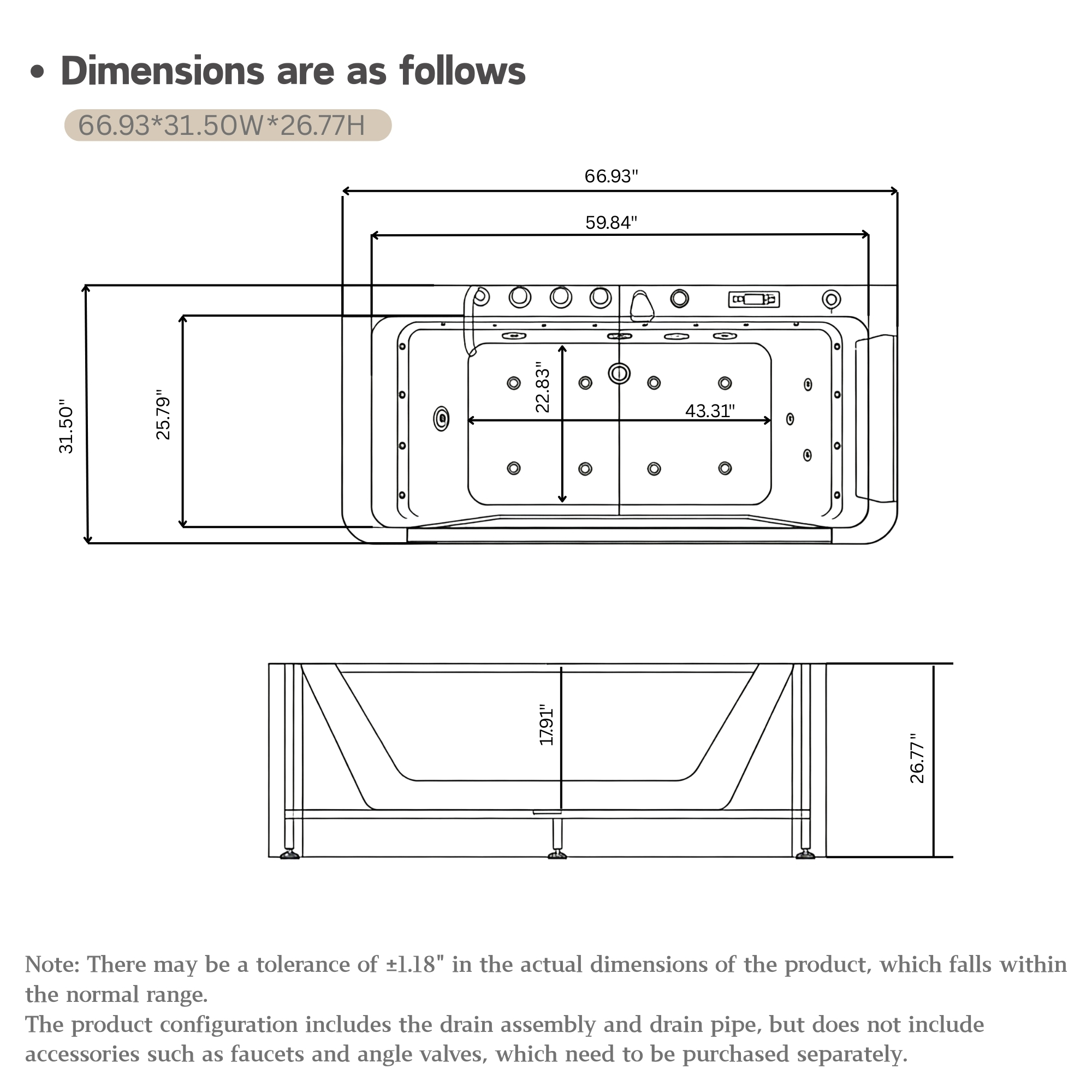 67" Whirlpool Bathtub ,Hydrotherapy Jetted Bathtub With Glass Panel, 7 Jets,3-Side Apron,89 Gallons,White - Image 15