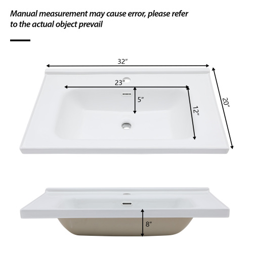 32"x20" White Rectangular Single Vanity Top with 1 Faucet Hole and Overflow(Sink Only) - Image 5