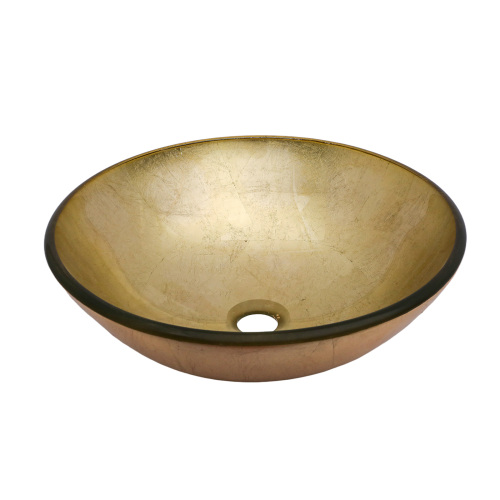 Bathroom Artistic Tempered Glass Vessel Bathroom Sink with Black Faucet and Pop-up Drain, Gold-foil Textured Tempered Glass Vanity Round Bowl - Image 7