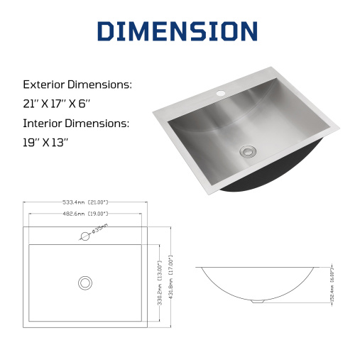 21"x17" Brushed Nickel Stainless Steel Drop-in Bathroom Sink with Pop Up Drain - Image 6