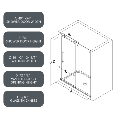 54"W X 76"H Black Frameless One Fixed And One Shifted Shower Door, 70Mm 304 Stainless Steel Large Pulleys With Adjustable Soft Closing Function,With Nano Easy Cleaning And Stick Explosion-Proof Menbrance - Image 2