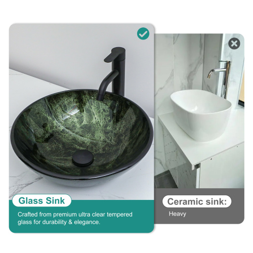 Bathroom Artistic Tempered Glass Vessel Bathroom Sink with Black Faucet and Pop-up Drain, Elegant Green Glass Bathroom Sink with Natural Marble Texture - Image 4