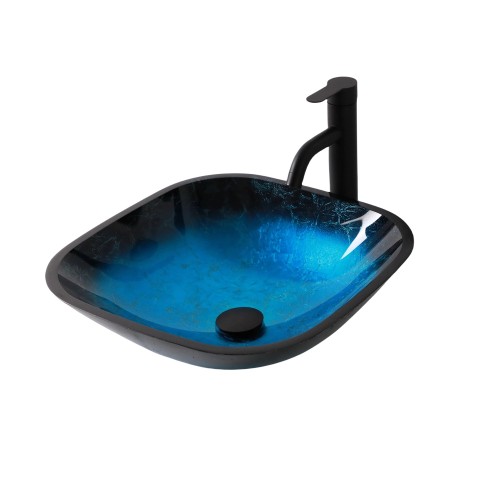 Bathroom Artistic Tempered Glass Vessel Bathroom Sink with Faucet and Pop-up Drain, Blue - Image 5