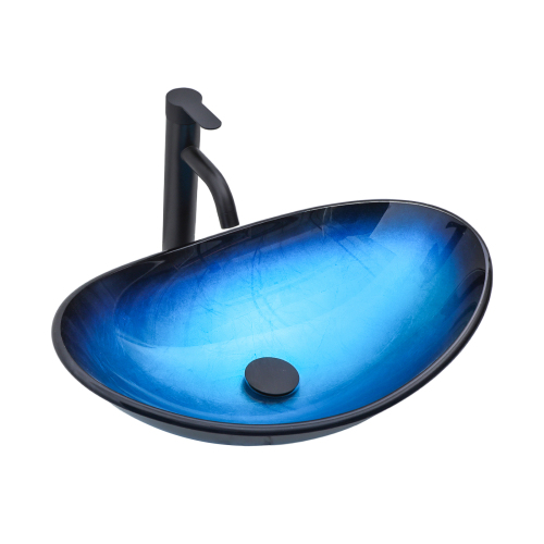 Bathroom Artistic Tempered Glass Blue Vessel Bathroom Sink Pop-up Drain, Blue Boat Shape Bathroom Sink Above Counter (no Faucet) - Image 10