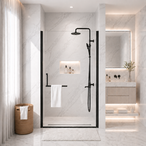 34" -35.2''X 72" Semi-Frameless Pivot Shower Door, 4Mm (1/4") Tempered Glass,1.2Inch Adjustable Width, Reversible Installation, Matte Black