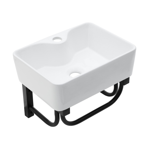 16"x12" Wall-Mounted Rectangular Ceramic Bathroom Sink with Black Towel Bar & faucet hole - Image 8
