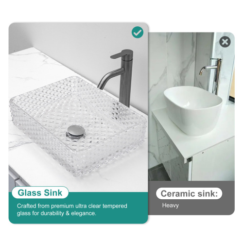 Bathroom Vessel Sink Above Counter White Bowl Sink Rectangle for Bathroom, Diamond Texture Design, Tempered Glass Vessel Sink with Pop-up Drain (no Faucet) - Image 2