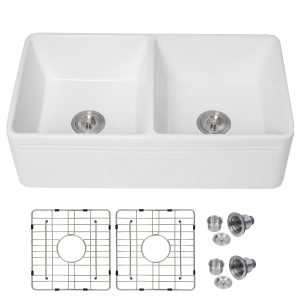 Farmhouse Ceramic Kitchen Sink Reversible Double Bowl Farm Sink with Strainer