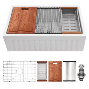 Single Bowl Farmhouse Sink With Apron Front Porcelain Ceramic Kitchen Sinks Includes Accessories