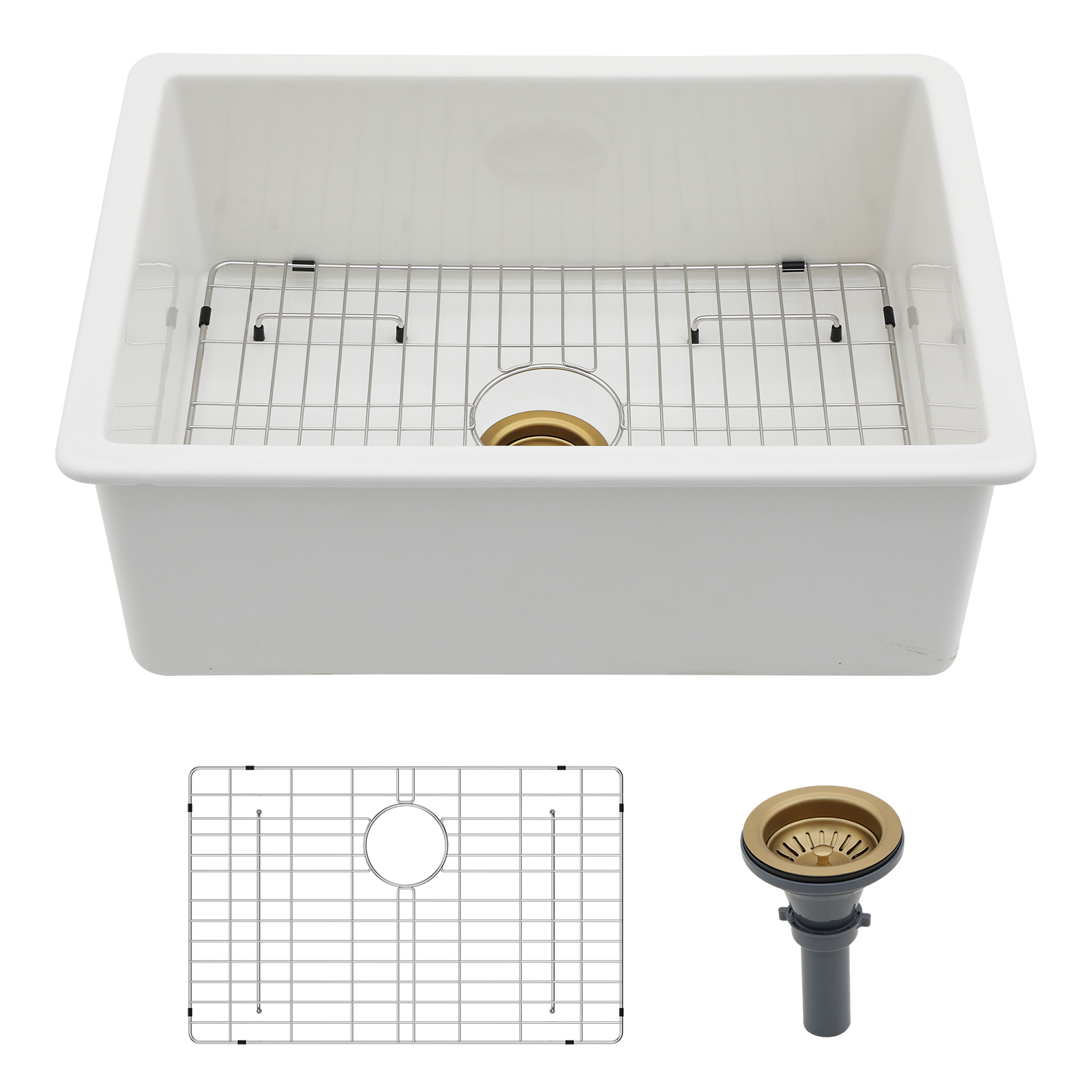 Single Farmhouse Kitchen Porcelain White with Gold Drainer Undermount Ceramic Farmhouse Sink
