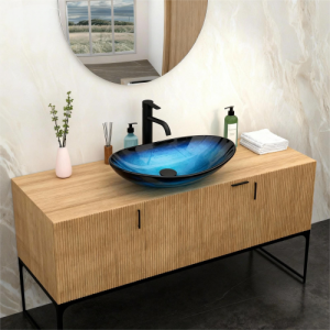 Bathroom Artistic Tempered Glass Blue Vessel Bathroom Sink Pop-up Drain, Blue Boat Shape Bathroom Sink Above Counter (no Faucet)