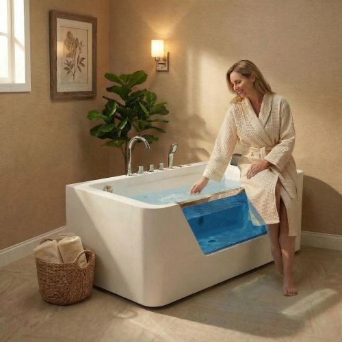 67" Whirlpool Bathtub ,Hydrotherapy Jetted Bathtub With Glass Panel, 7 Jets,3-Side Apron,89 Gallons,White - Image 6