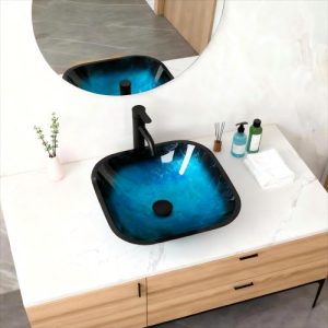 Bathroom Artistic Tempered Glass Vessel Bathroom Sink with Faucet and Pop-up Drain, Blue