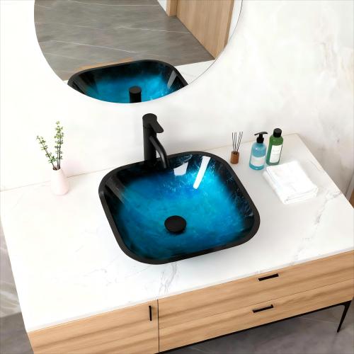 Bathroom Artistic Tempered Glass Vessel Bathroom Sink with Faucet and Pop-up Drain, Blue