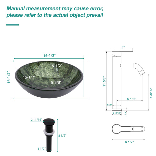 Bathroom Artistic Tempered Glass Vessel Bathroom Sink with Black Faucet and Pop-up Drain, Elegant Green Glass Bathroom Sink with Natural Marble Texture - Image 10