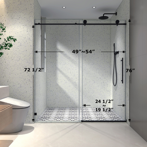 54"W X 76"H Black Frameless One Fixed And One Shifted Shower Door, 70Mm 304 Stainless Steel Large Pulleys With Adjustable Soft Closing Function,With Nano Easy Cleaning And Stick Explosion-Proof Menbrance - Image 3