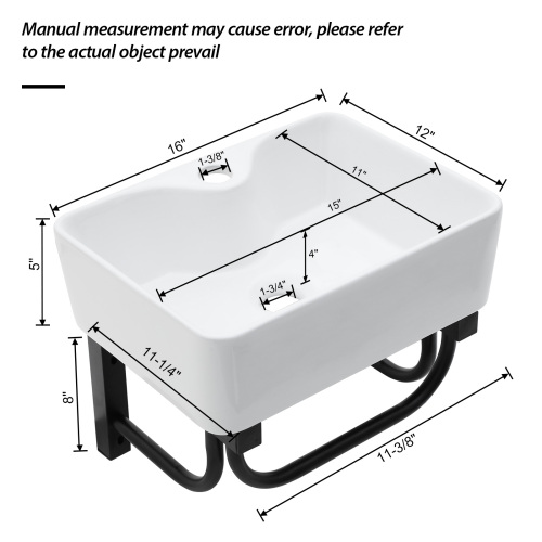 16"x12" Wall-Mounted Rectangular Ceramic Bathroom Sink with Black Towel Bar & faucet hole - Image 5
