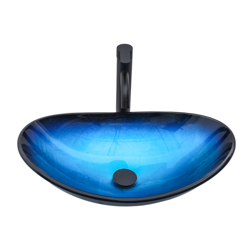 Bathroom Artistic Tempered Glass Blue Vessel Bathroom Sink Pop-up Drain, Blue Boat Shape Bathroom Sink Above Counter (no Faucet) - Image 3