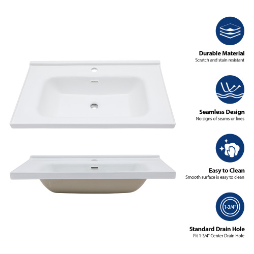 32"x20" White Rectangular Single Vanity Top with 1 Faucet Hole and Overflow(Sink Only) - Image 6