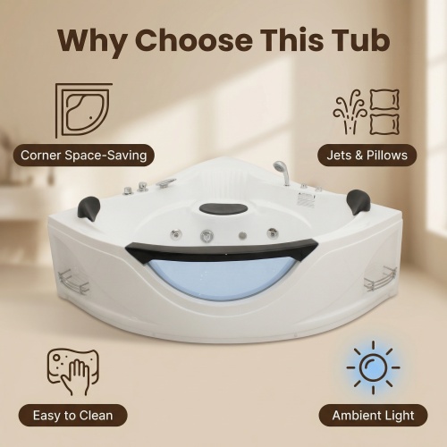 59" Corner Whirlpool Bathtub For 2-Person, Luxury Jetted Spa Tub With 6 Hydro Massage Jets, Chromatherapy Led Lights &Pneumatic Adjust System, Ul Certified Water Pump,Upc Certified Drainer - Image 6