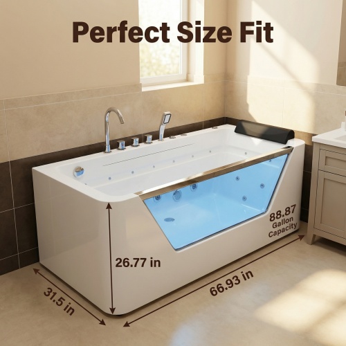 67" Whirlpool Bathtub ,Hydrotherapy Jetted Bathtub With Glass Panel, 7 Jets,3-Side Apron,89 Gallons,White - Image 4