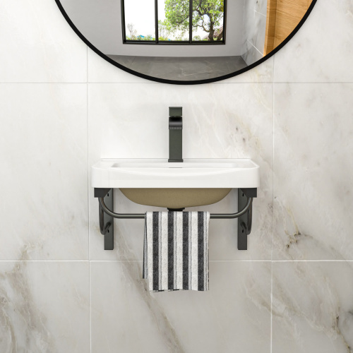19.88"x14.25" Wall-Mounted Rectangular Ceramic Bathroom Sink with Black Towel Bar & Overflow - Image 3