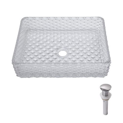 Bathroom Vessel Sink Above Counter White Bowl Sink Rectangle for Bathroom, Diamond Texture Design, Tempered Glass Vessel Sink with Pop-up Drain (no Faucet) - Image 5