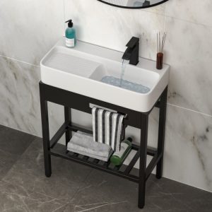 28" x 12" Vintage-Inspired Ceramic Console Sink with Built-in Washboard, Sleek Black Legs