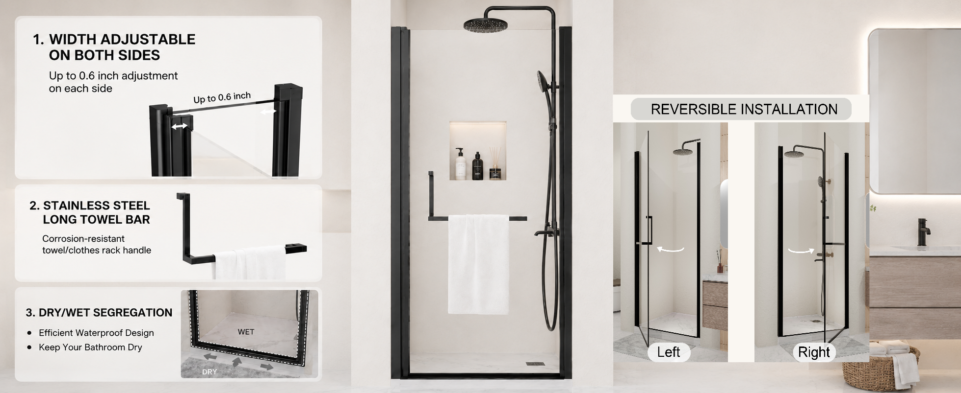 34" -35.2''X 72" Semi-Frameless Pivot Shower Door, 4Mm (1/4") Tempered Glass,1.2Inch Adjustable Width, Reversible Installation, Matte Black - Image 10