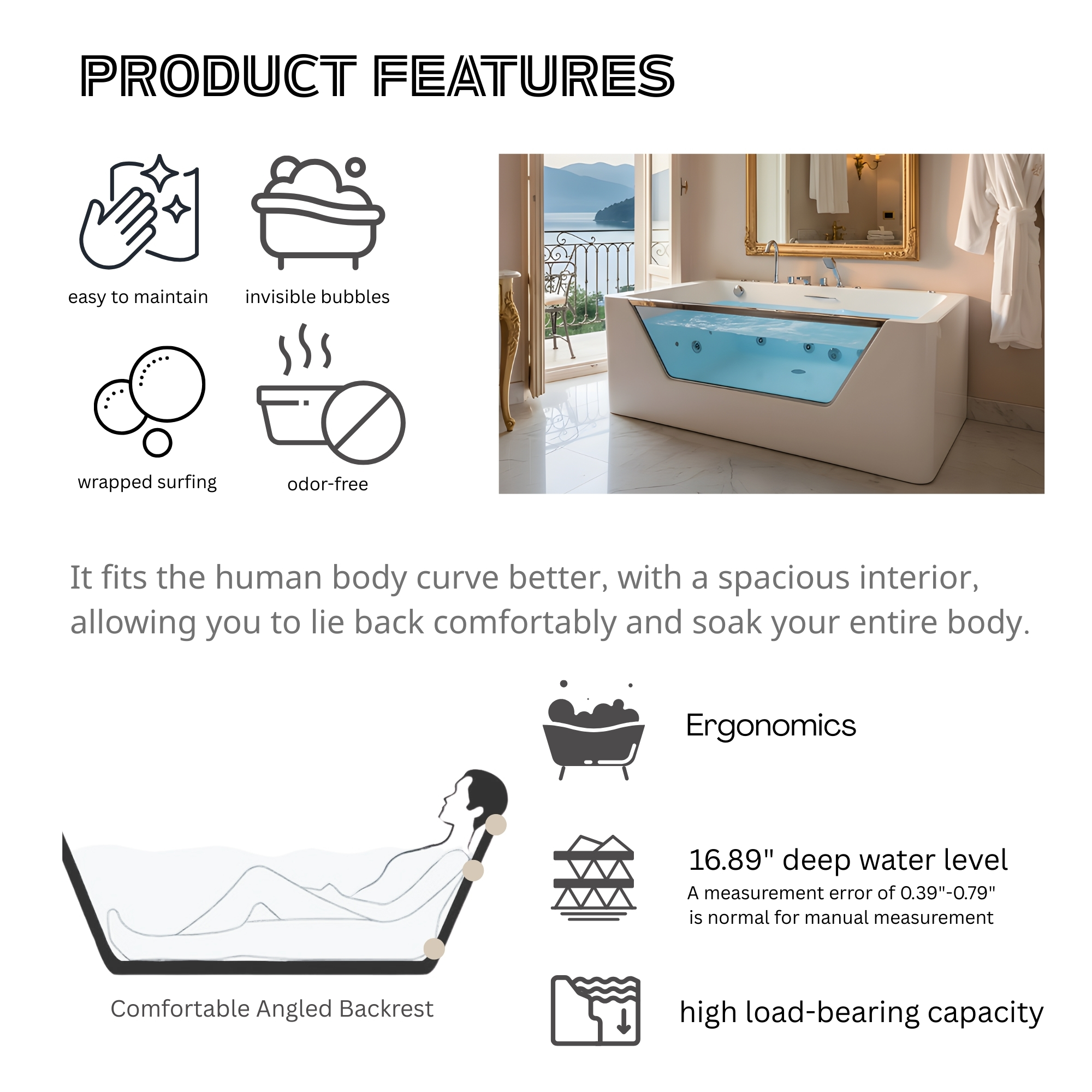 67" Whirlpool Bathtub ,Hydrotherapy Jetted Bathtub With Glass Panel, 7 Jets,3-Side Apron,89 Gallons,White - Image 10