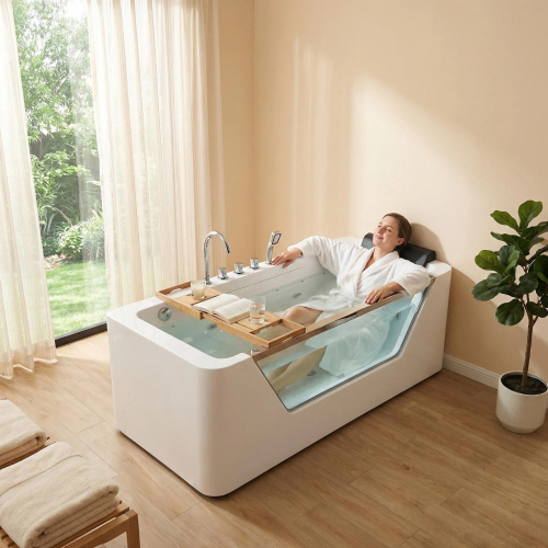 67" Whirlpool Bathtub ,Hydrotherapy Jetted Bathtub With Glass Panel, 7 Jets,3-Side Apron,89 Gallons,White - Image 9