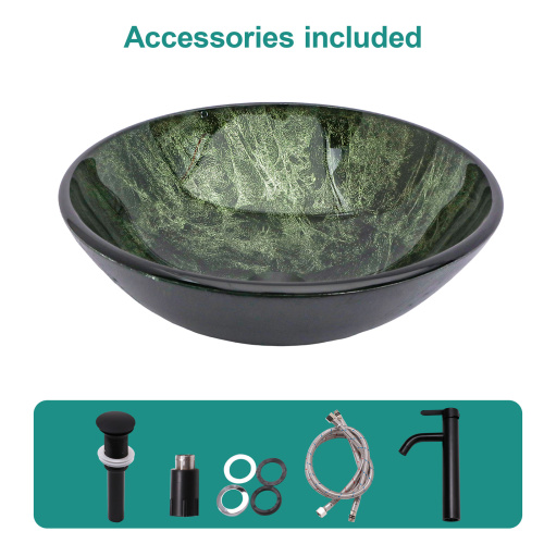 Bathroom Artistic Tempered Glass Vessel Bathroom Sink with Black Faucet and Pop-up Drain, Elegant Green Glass Bathroom Sink with Natural Marble Texture - Image 5