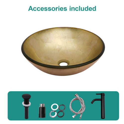 Bathroom Artistic Tempered Glass Vessel Bathroom Sink with Black Faucet and Pop-up Drain, Gold-foil Textured Tempered Glass Vanity Round Bowl - Image 5