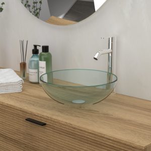 Bathroom Artistic Tempered Glass Vessel Bathroom Sink with Chrome Faucet and Pop-up Drain, Clear