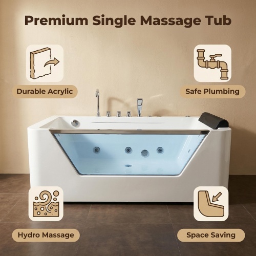 67" Whirlpool Bathtub ,Hydrotherapy Jetted Bathtub With Glass Panel, 7 Jets,3-Side Apron,89 Gallons,White - Image 3
