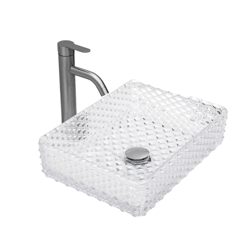 Bathroom Vessel Sink Above Counter White Bowl Sink Rectangle for Bathroom, Diamond Texture Design, Tempered Glass Vessel Sink with Pop-up Drain (no Faucet) - Image 8