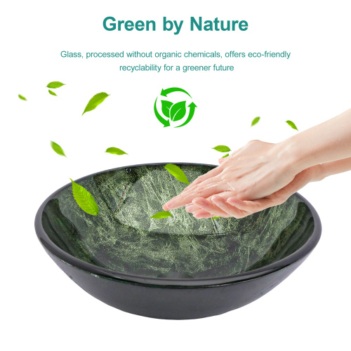 Bathroom Artistic Tempered Glass Vessel Bathroom Sink with Black Faucet and Pop-up Drain, Elegant Green Glass Bathroom Sink with Natural Marble Texture - Image 3