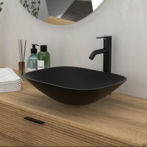 Bathroom Artistic Tempered Glass Vessel Bathroom Sink with Faucet and Pop-up Drain, Matte Black