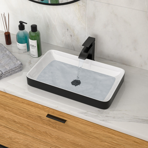 19"x12" White & Black Semi-Recessed Ceramic Bathroom Sink - Countertop Vessel Design