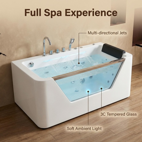 67" Whirlpool Bathtub ,Hydrotherapy Jetted Bathtub With Glass Panel, 7 Jets,3-Side Apron,89 Gallons,White - Image 5