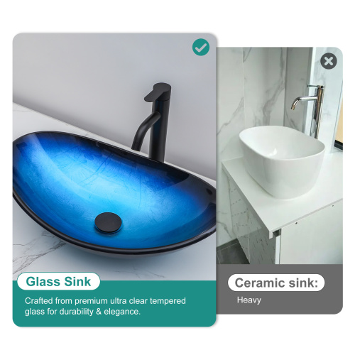 Bathroom Artistic Tempered Glass Blue Vessel Bathroom Sink Pop-up Drain, Blue Boat Shape Bathroom Sink Above Counter (no Faucet) - Image 6