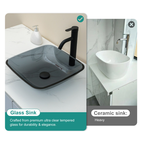 Bathroom Vessel Bathroom Sink Above Counter Grey Bowl Square Sink for Bathroom, Tempered Glass Vessel Sink with Pop-up Drain (no Faucet) - Image 4